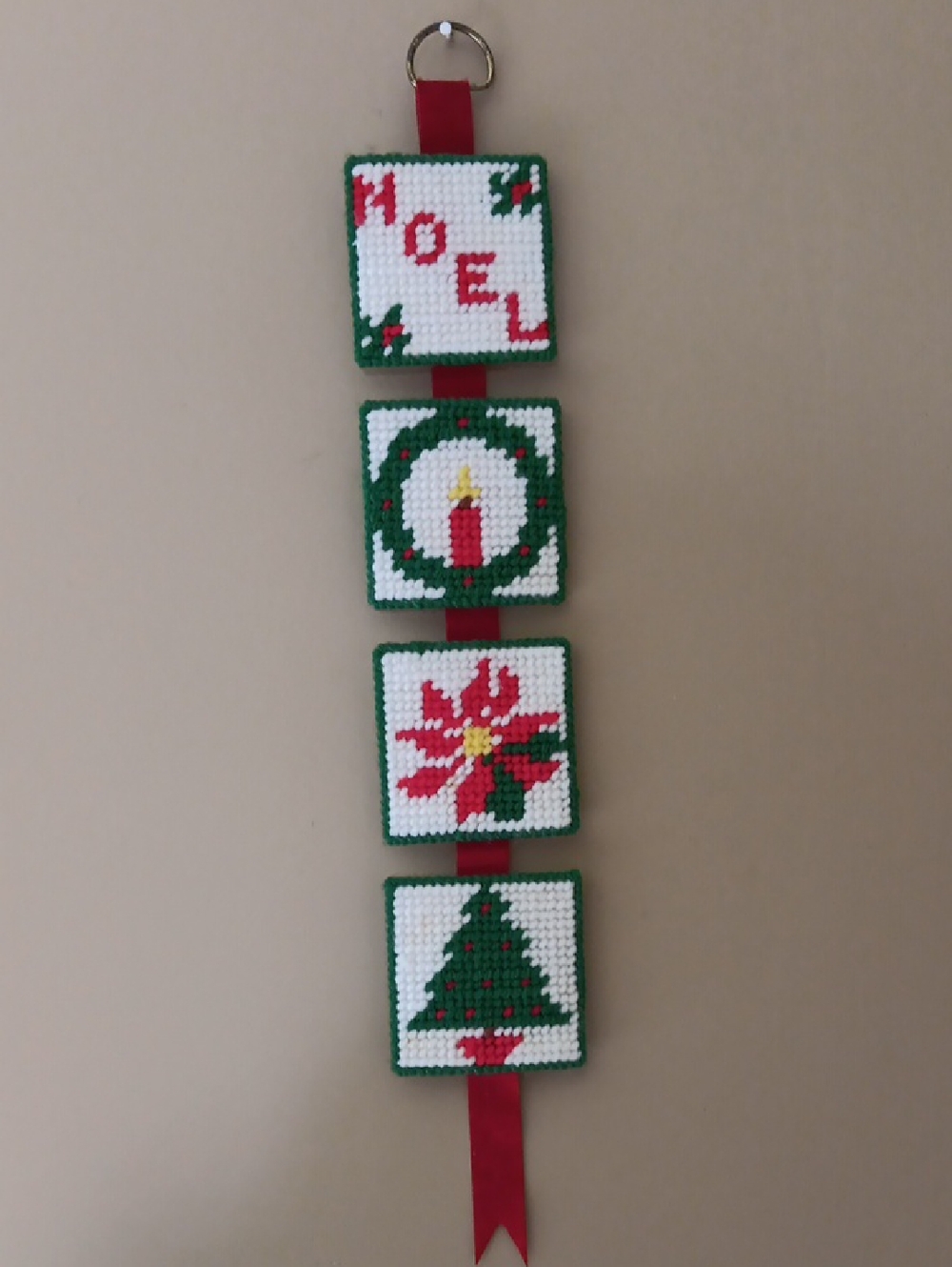 Vintage Plastic Canvas Needlepoint Noel Christmas Door/Wall Hanging. 19"L X 3"W